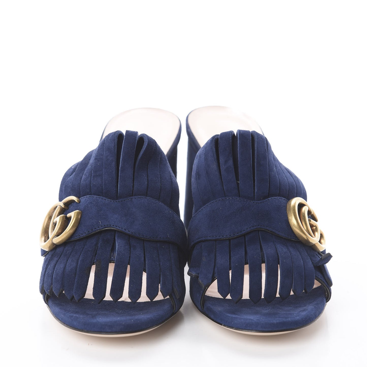 Kid Scamosciato GG Marmont Fringe 75mm Slide Sandals 38 Blue Ink