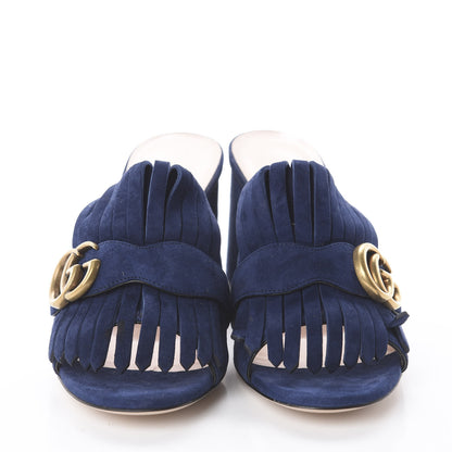 Gucci Kid Scamosciato GG Marmont Fringe 75mm Slide Sandals 38 Blue Ink 3 of 7