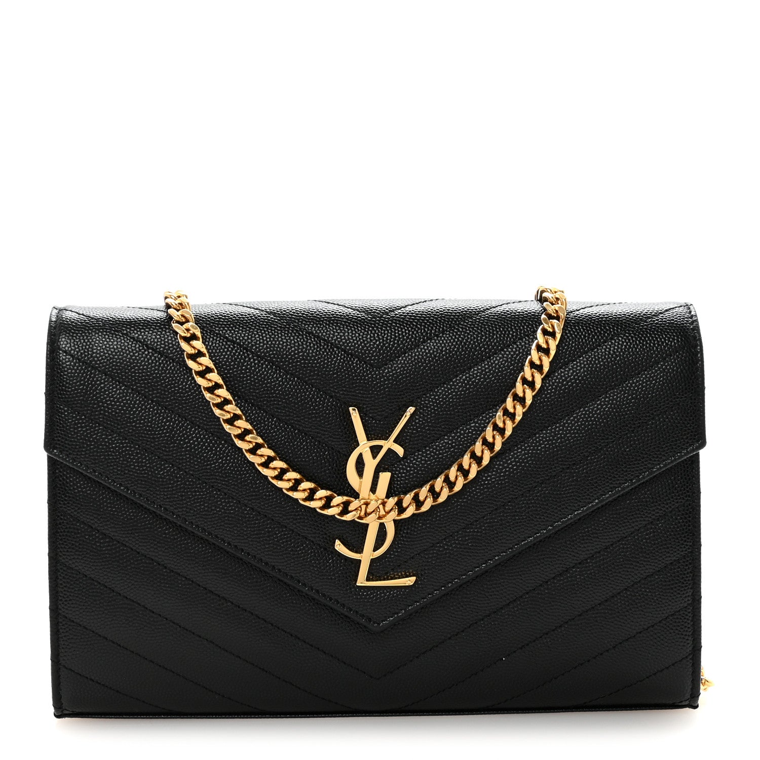 Saint Laurent Grain De Poudre Matelasse Chevron Monogram Chain Wallet Black 1 of 10