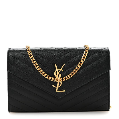Saint Laurent Grain De Poudre Matelasse Chevron Monogram Chain Wallet Black 1 of 10