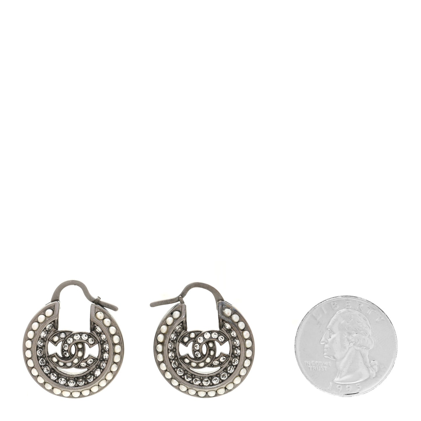 Crystal Pearl CC Hoop Earrings Silver