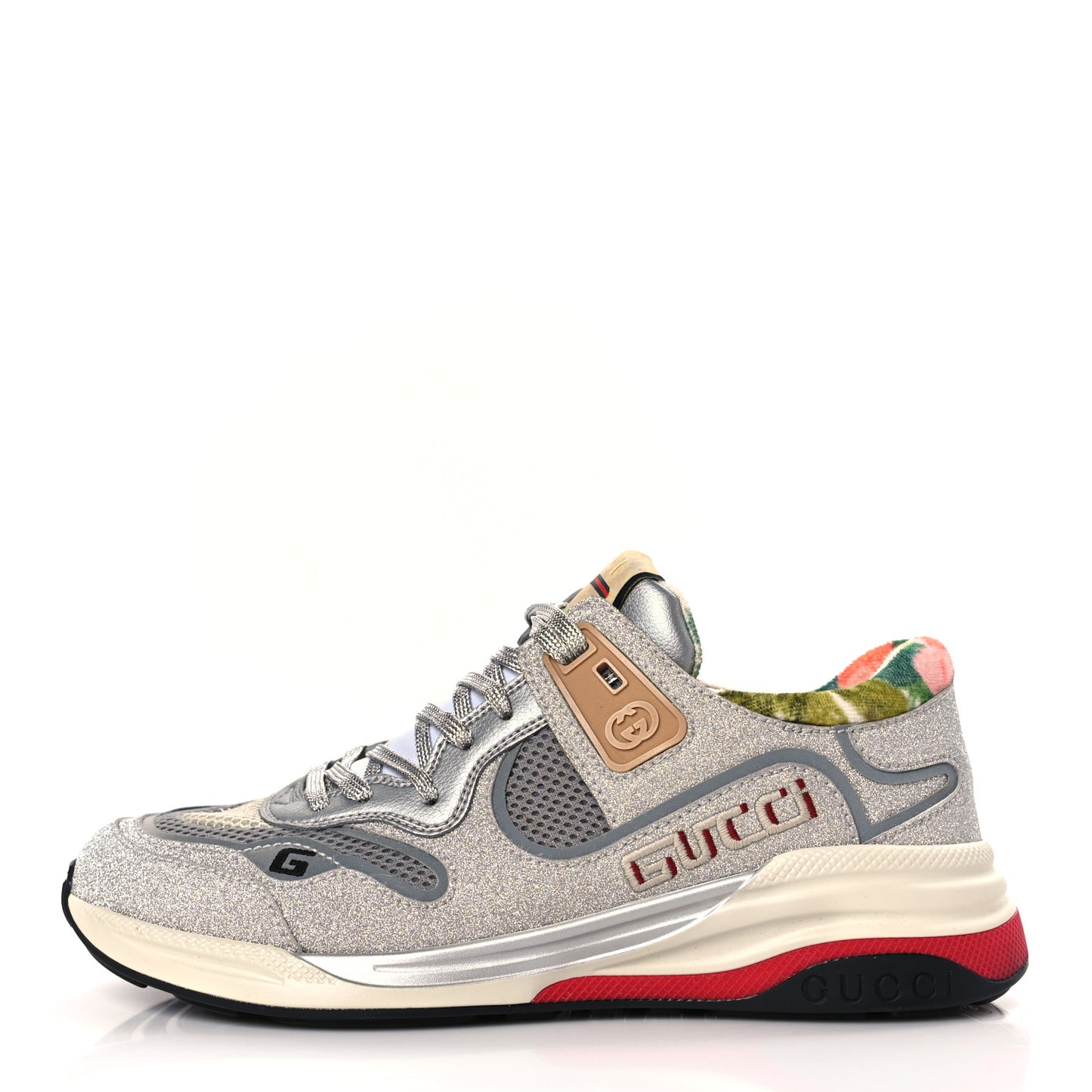 Metallic Calfskin Glitter Mesh Womens Ultrapace Sneakers 38 Silver Light Grey Mystic White