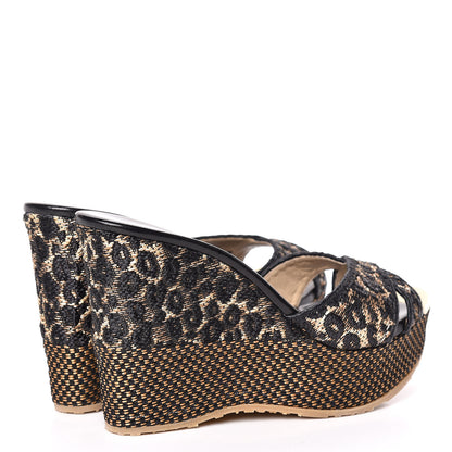 Jimmy Choo Woven Raffia Leopard Print Perfume Wedge Sandals 37.5 Black 4 of 10