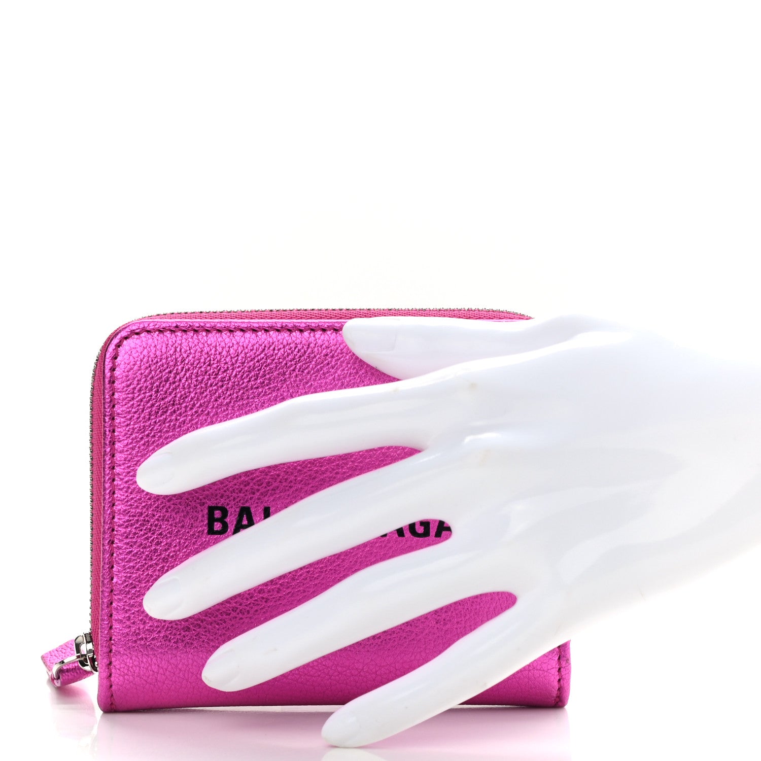 Balenciaga Metallic Goatskin Logo Everyday Multi Zip Wallet Rose Fuchsia Black 2 of 9