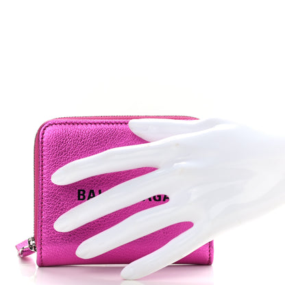 Balenciaga Metallic Goatskin Logo Everyday Multi Zip Wallet Rose Fuchsia Black 2 of 9