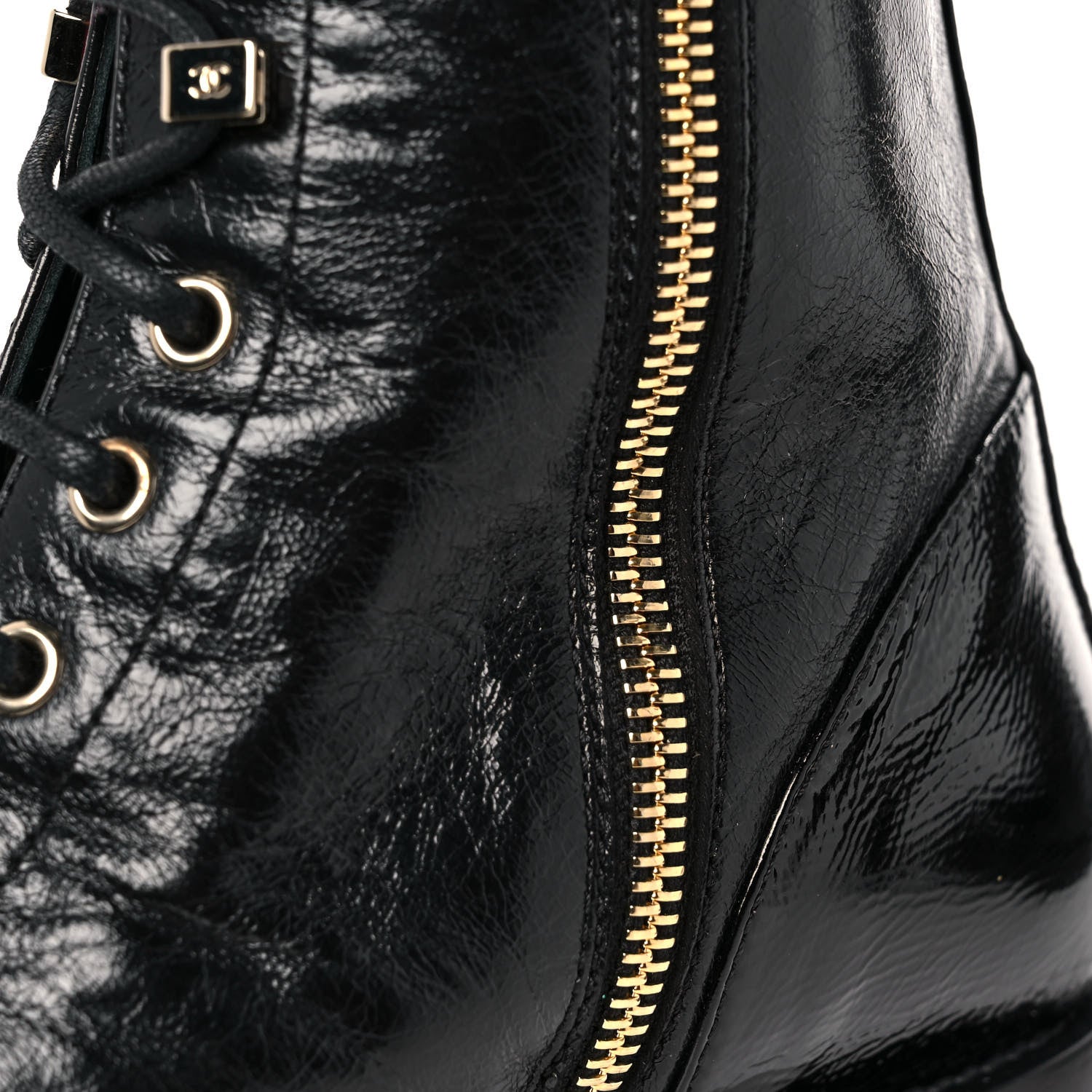 Chanel Crumpled Lambskin Shiny Calfskin Lace Up Combat Boots 38 Black 7 of 9