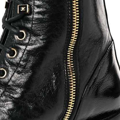 Chanel Crumpled Lambskin Shiny Calfskin Lace Up Combat Boots 38 Black 7 of 9