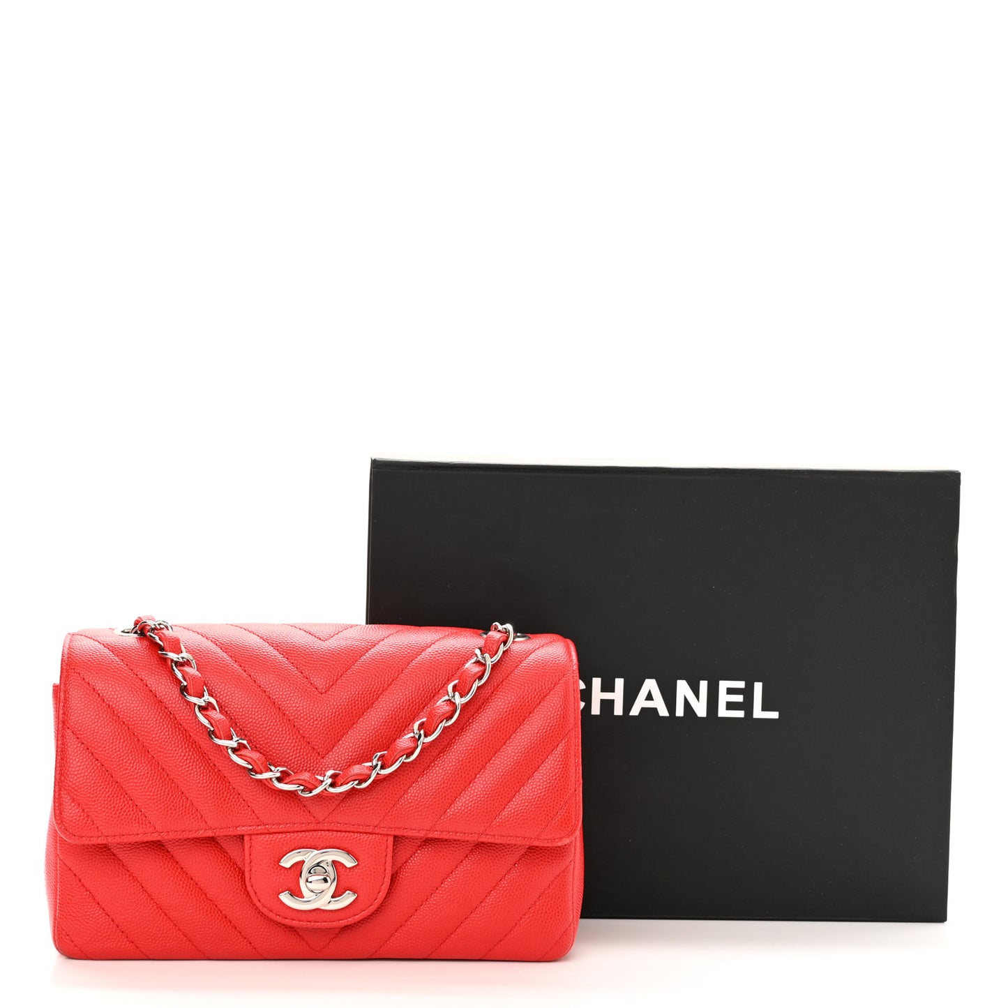 Caviar Chevron Quilted Mini Rectangular Flap Red