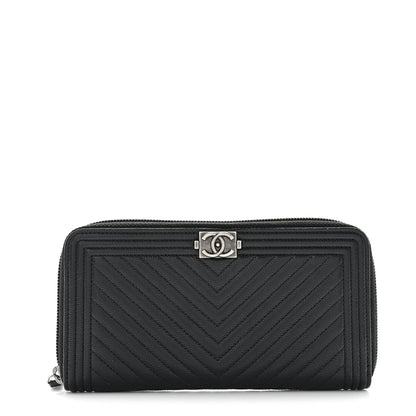 Chanel Caviar Chevron Quilted Zip Around Boy Wallet Black 1 of 8