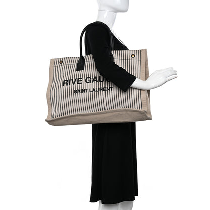 Saint Laurent Embroidered Cotton Linen Rive Gauche Noe Tote Natural Black 2 of 11