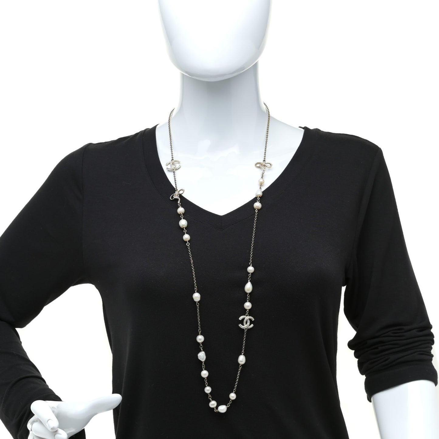 Crystal Pearl CC Bow Long Necklace Light Gold