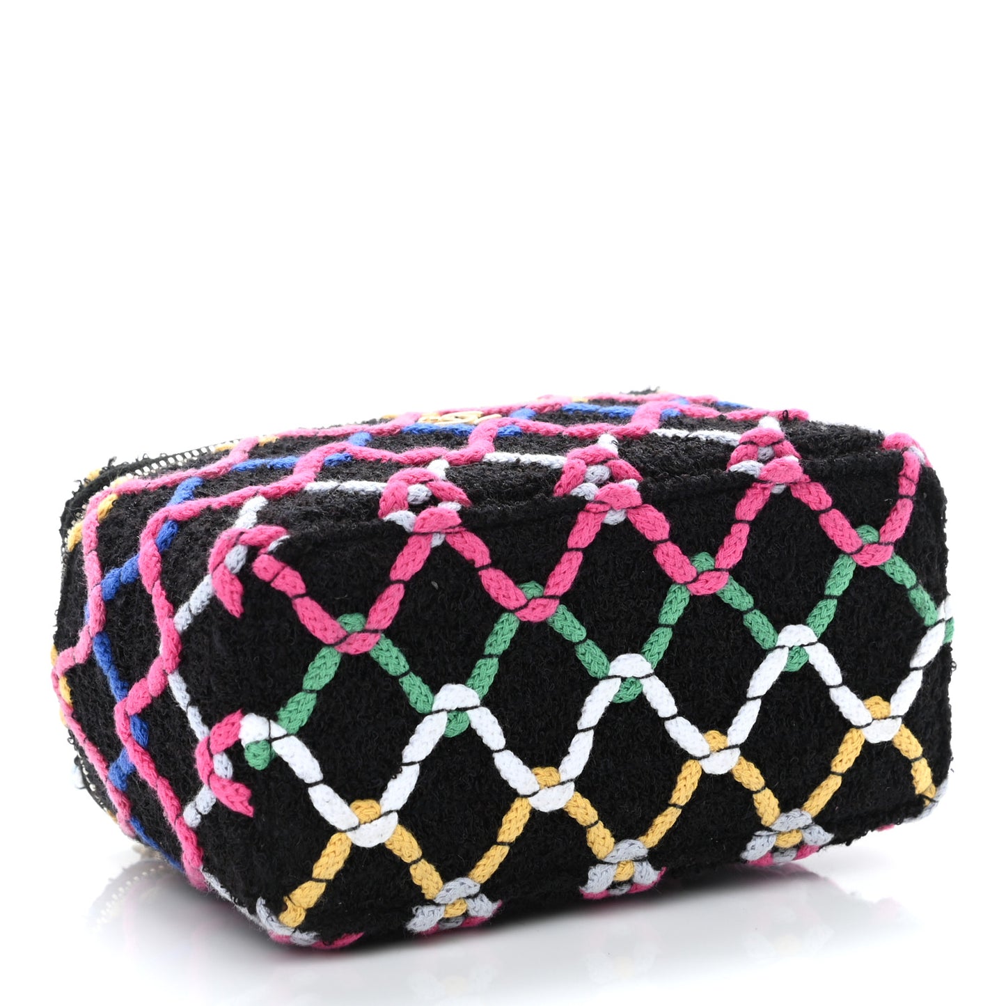 Tweed Diamond Threaded CC Pearl Crush Small Vanity Case With Chain Black Multicolor