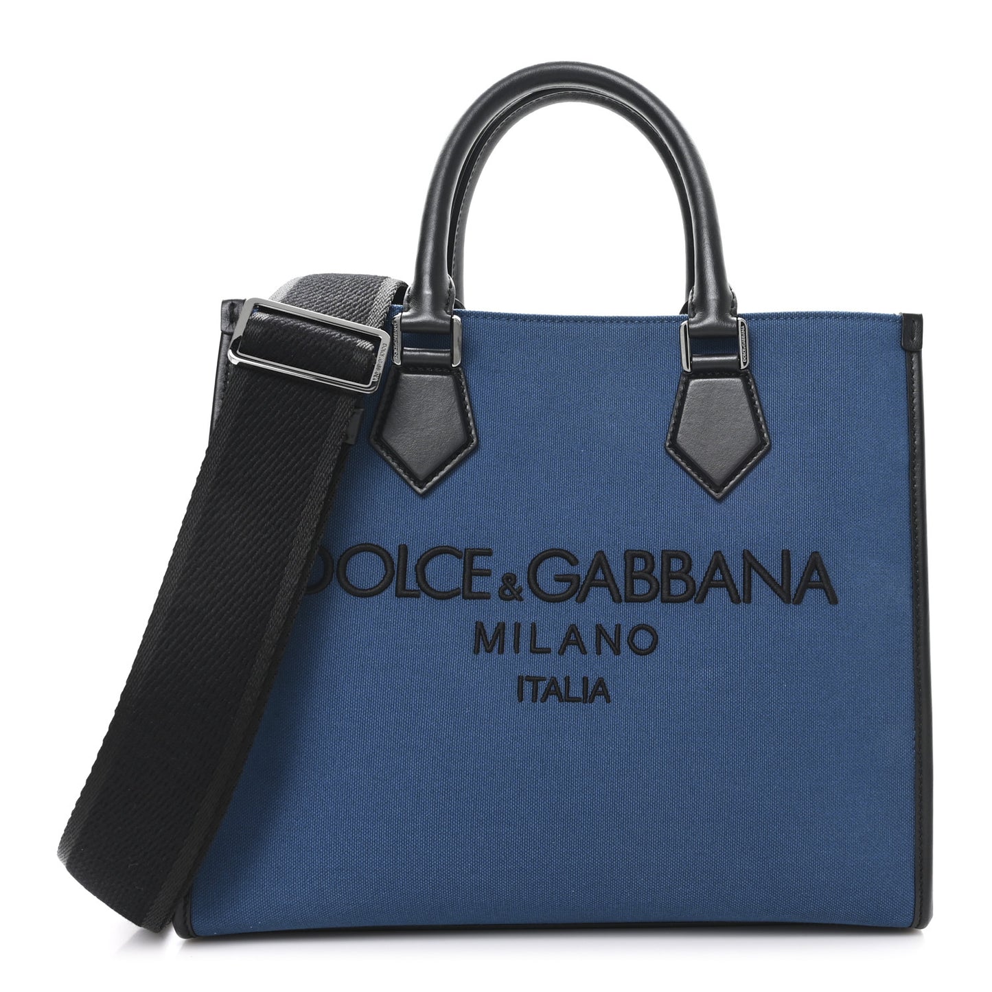 DOLCE GABBANA Canvas Calfskin Embroidered Logo Edge Shopper Tote Oceano Black