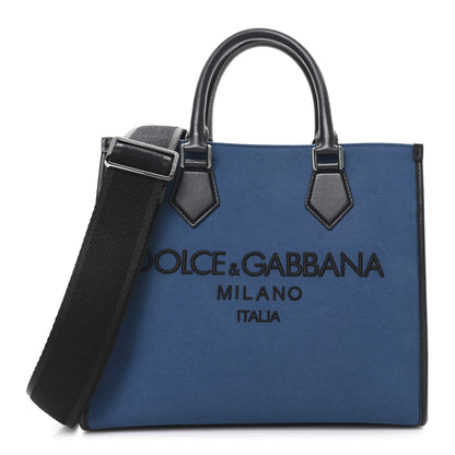 Dolce & Gabbana DOLCE GABBANA Canvas Calfskin Embroidered Logo Edge Shopper Tote Oceano Black 1 of 10