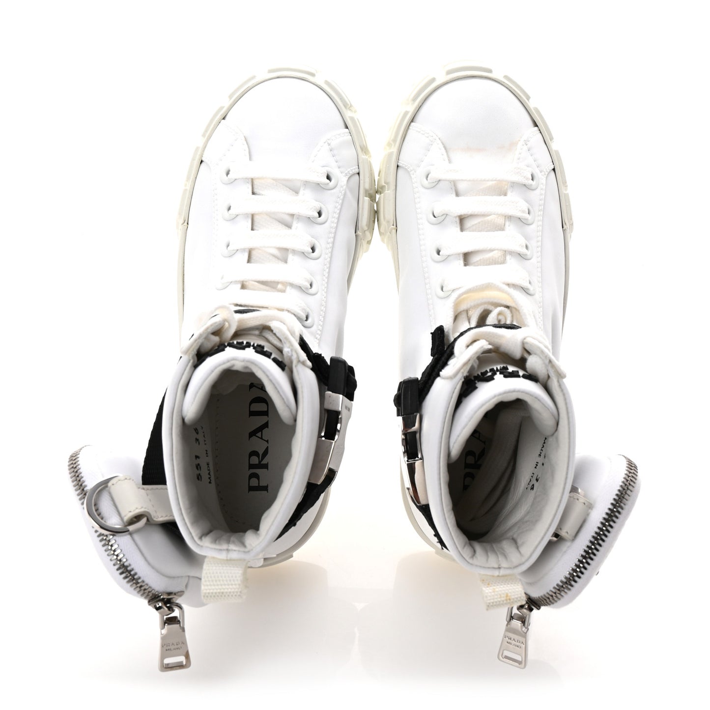Re-Nylon Gabardine Metal Triangle Logo Wheel Pouch Pocket High Top Sneakers 36 White