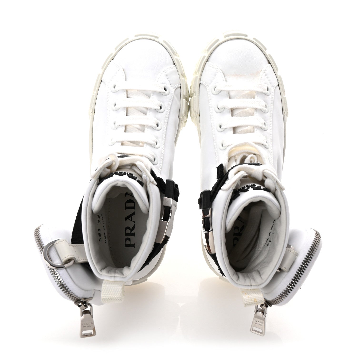 Prada Re-Nylon Gabardine Metal Triangle Logo Wheel Pouch Pocket High Top Sneakers 36 White 2 of 10