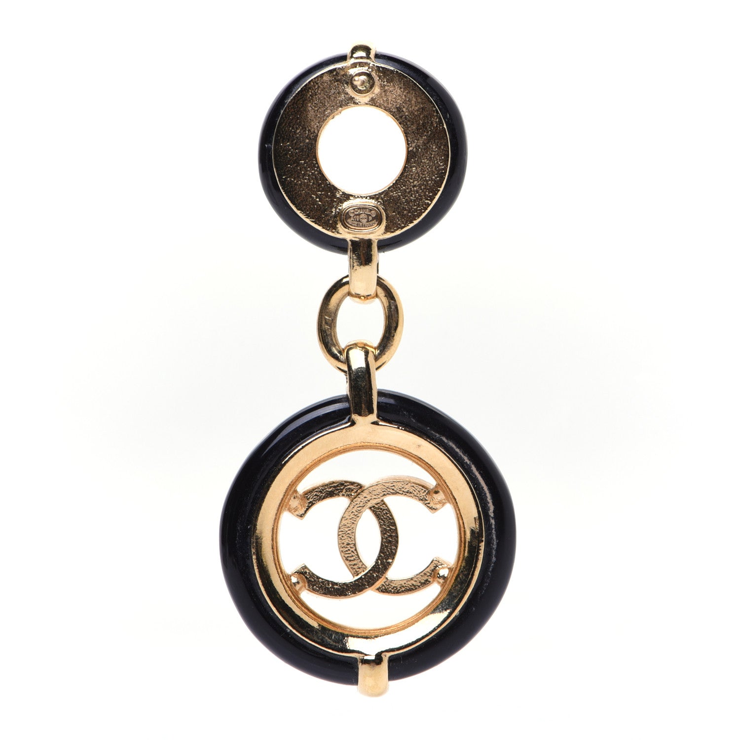 Chanel Metal Resin CC Round Drop Earrings Black Gold 3 of 7
