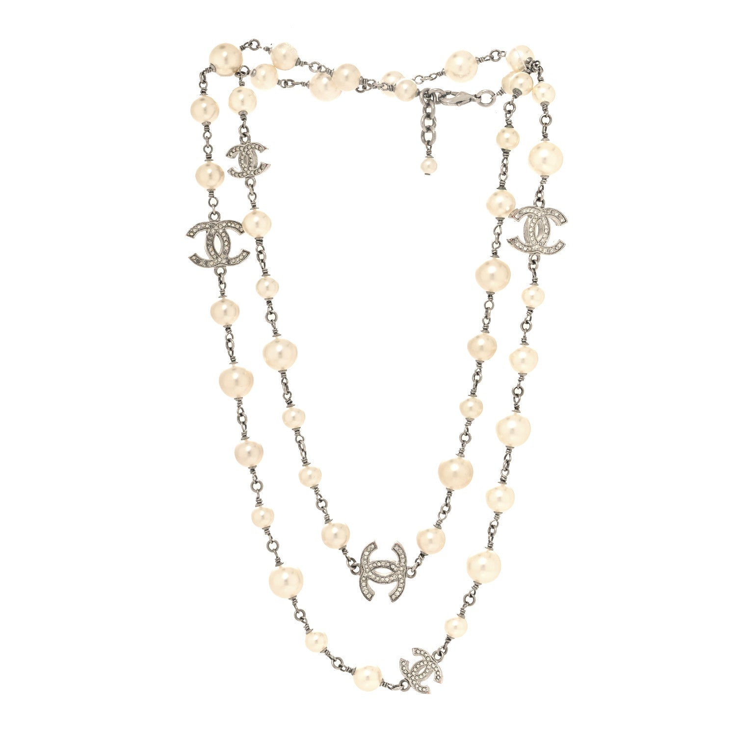 Chanel Crystal Pearl CC Long Necklace Silver 3 of 6