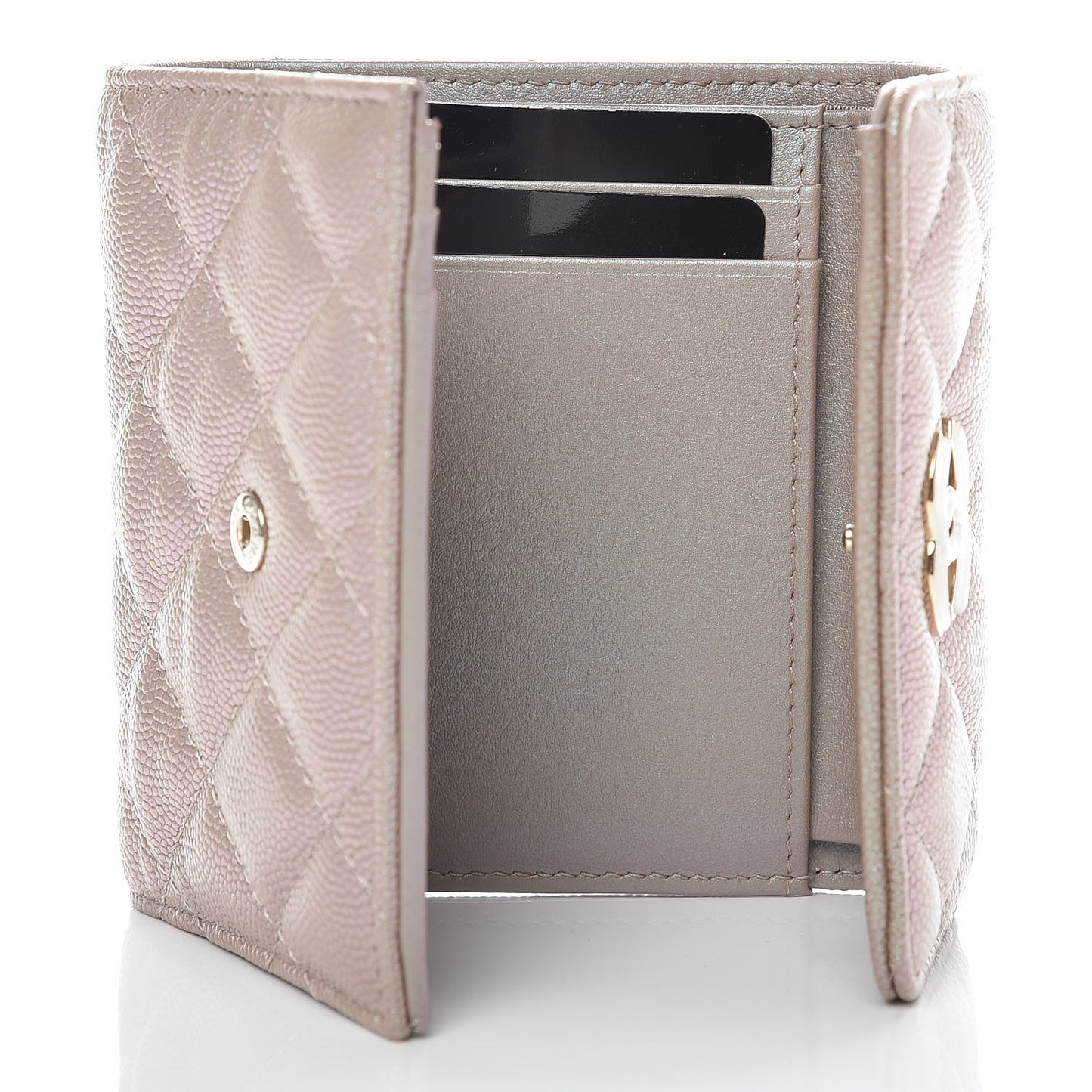 Iridescent Caviar Quilted Small Flap Wallet Beige