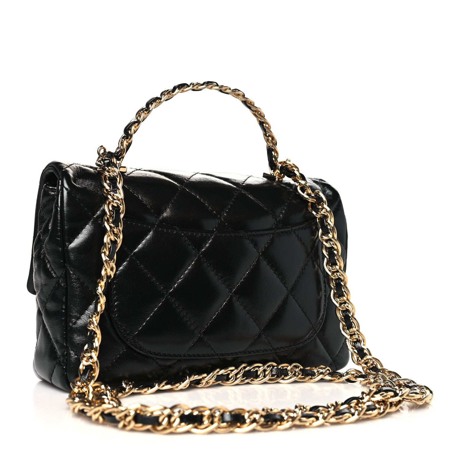 Chanel Shiny Lambskin Quilted Golden Links Top Handle Flap Black 3 of 10