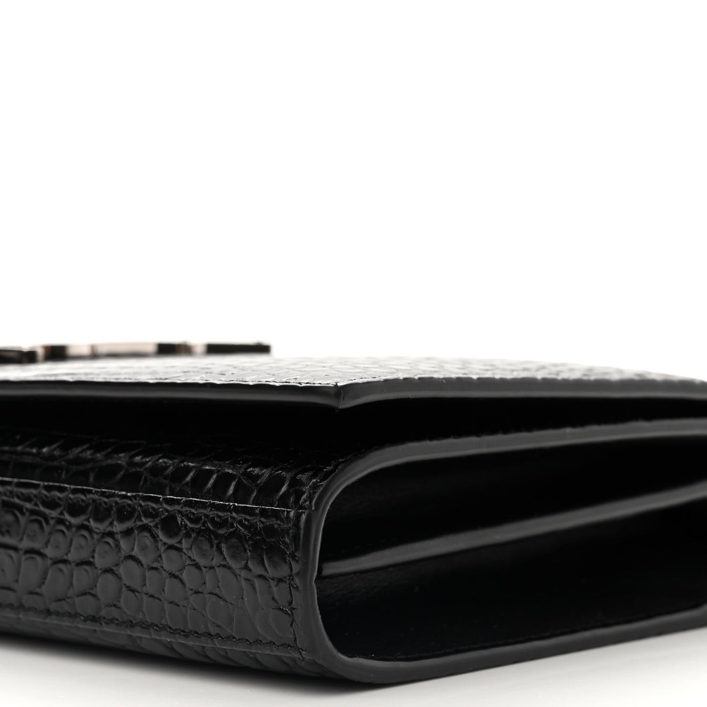 Calfskin Crocodile Embossed Monogram Chain Wallet Black