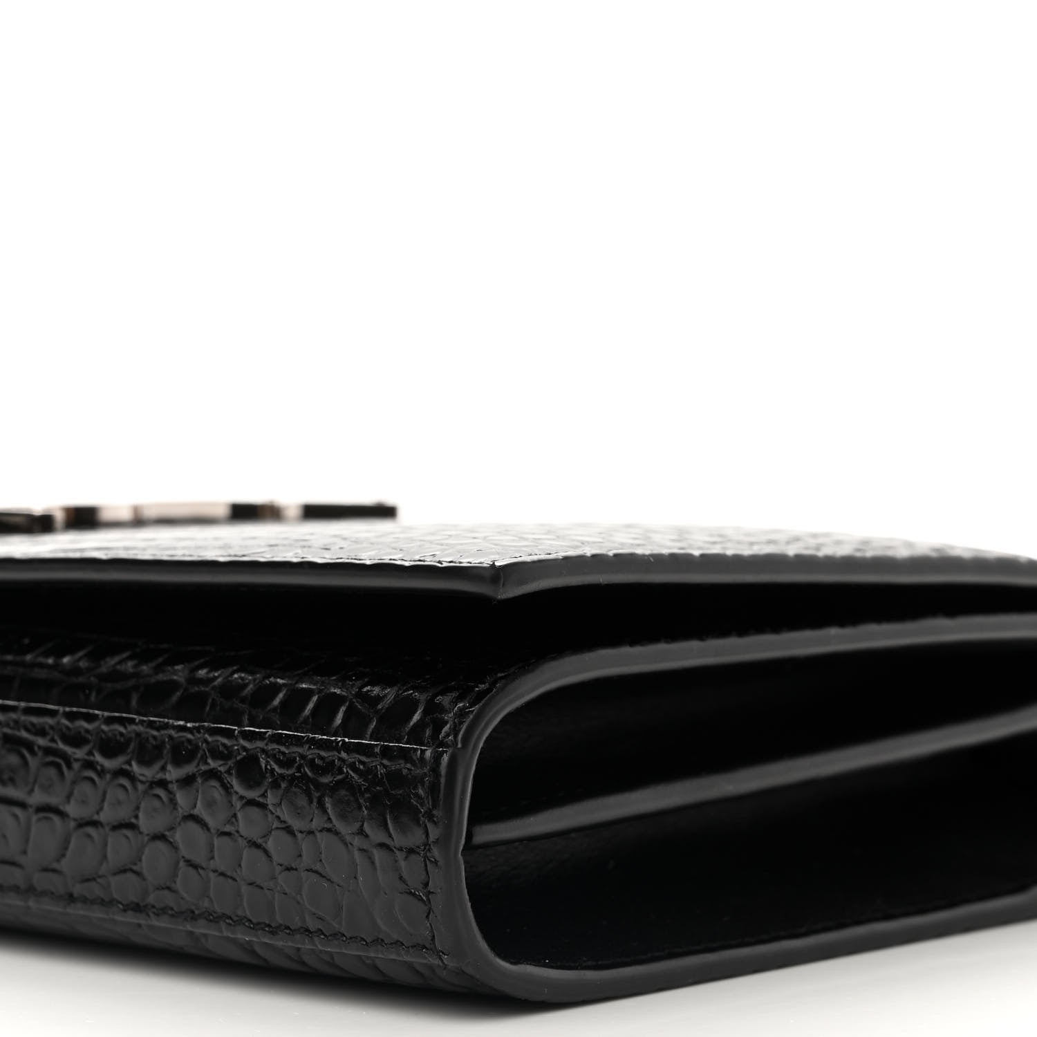 Saint Laurent Calfskin Crocodile Embossed Monogram Chain Wallet Black 10 of 12
