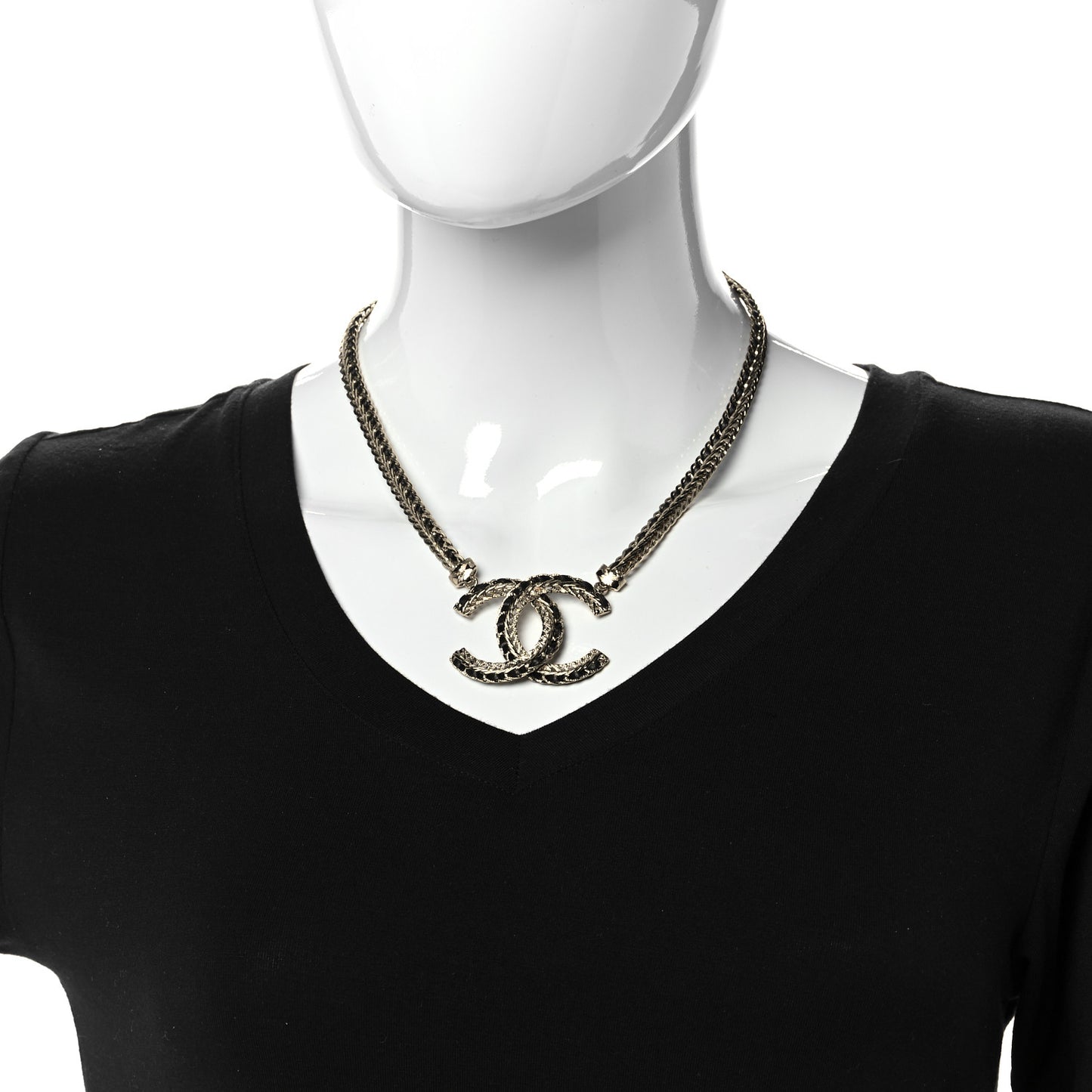 Metal Lambskin Chain CC Necklace Black Gold