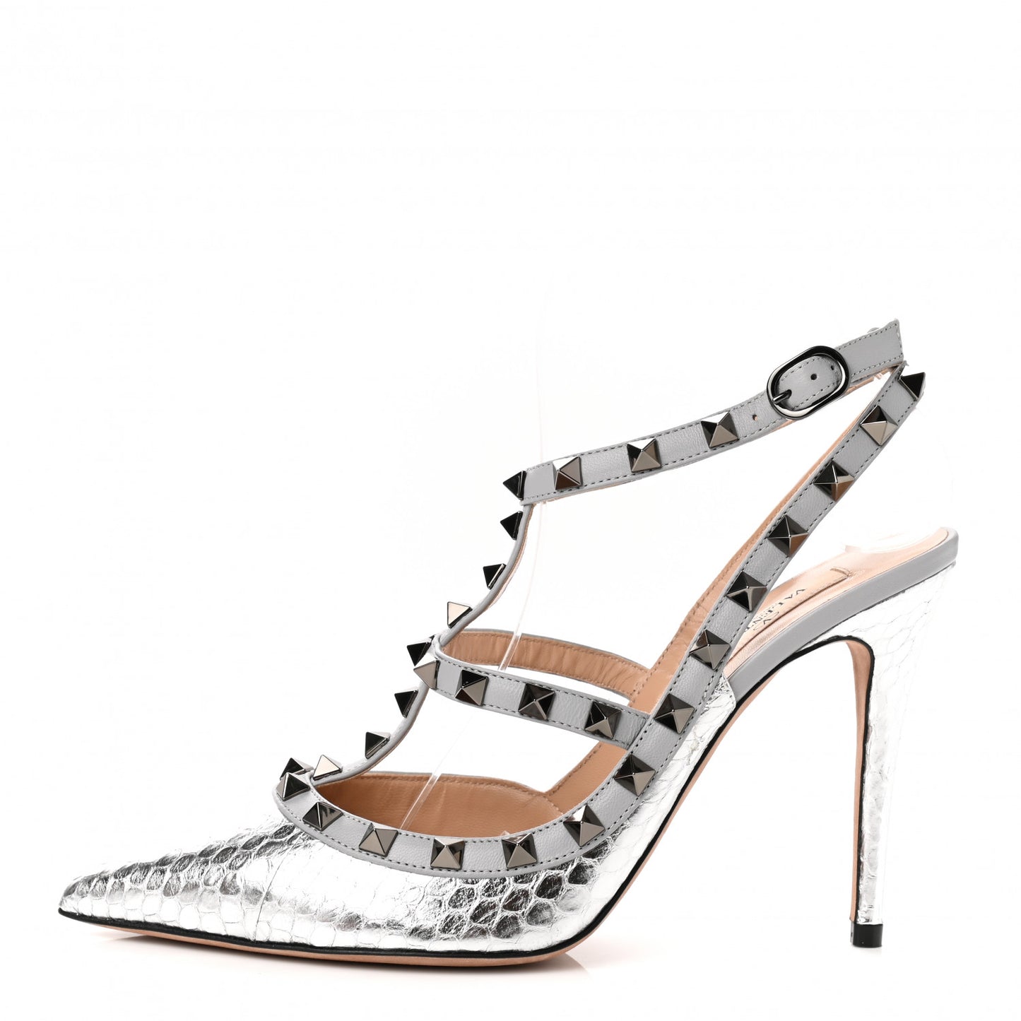 Metallic Watersnake Rockstud Ankle Strap 100mm Pumps 38 Silver Pastel Grey