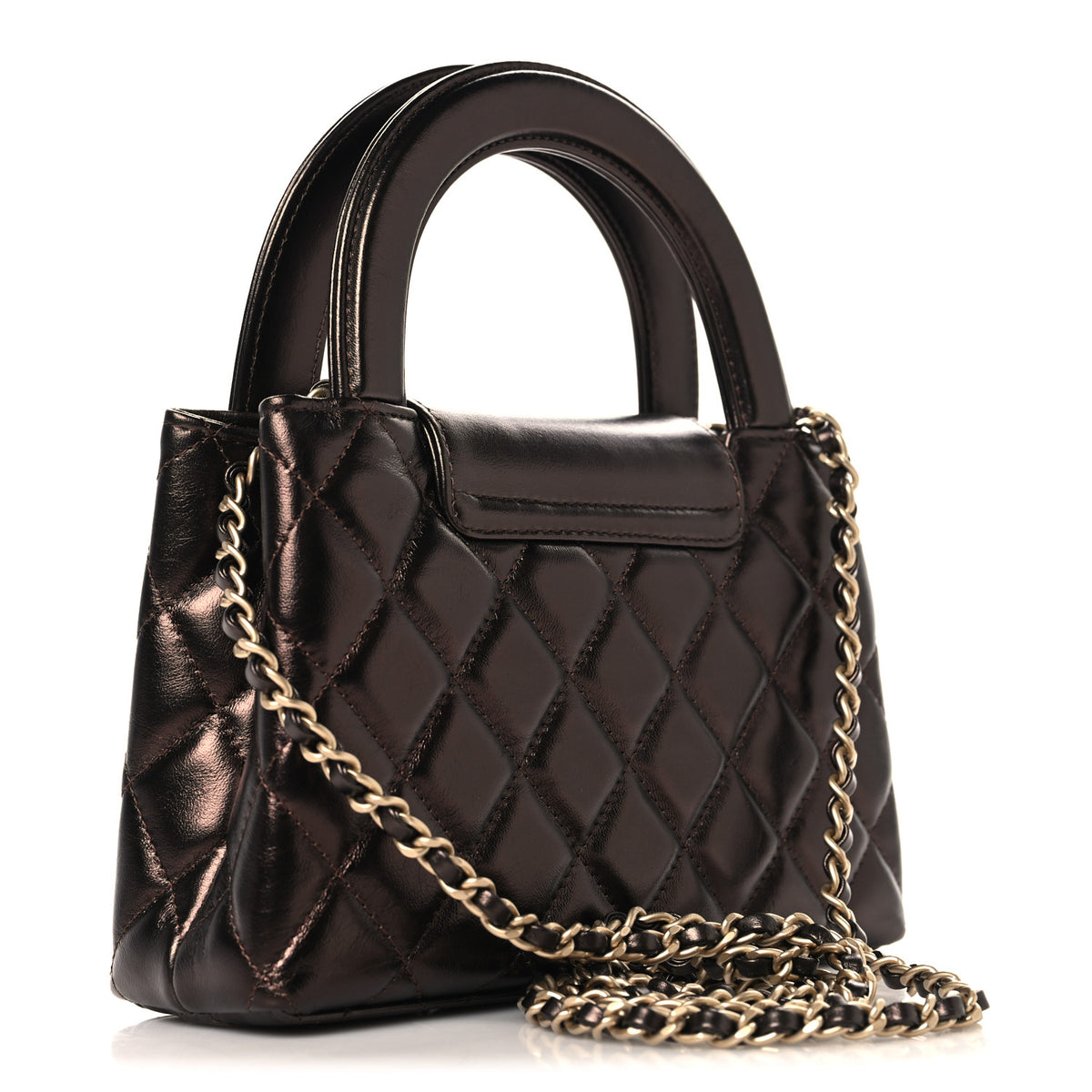 Metallic Aged Calfskin Quilted Nano Kelly Shopper Dark Brown