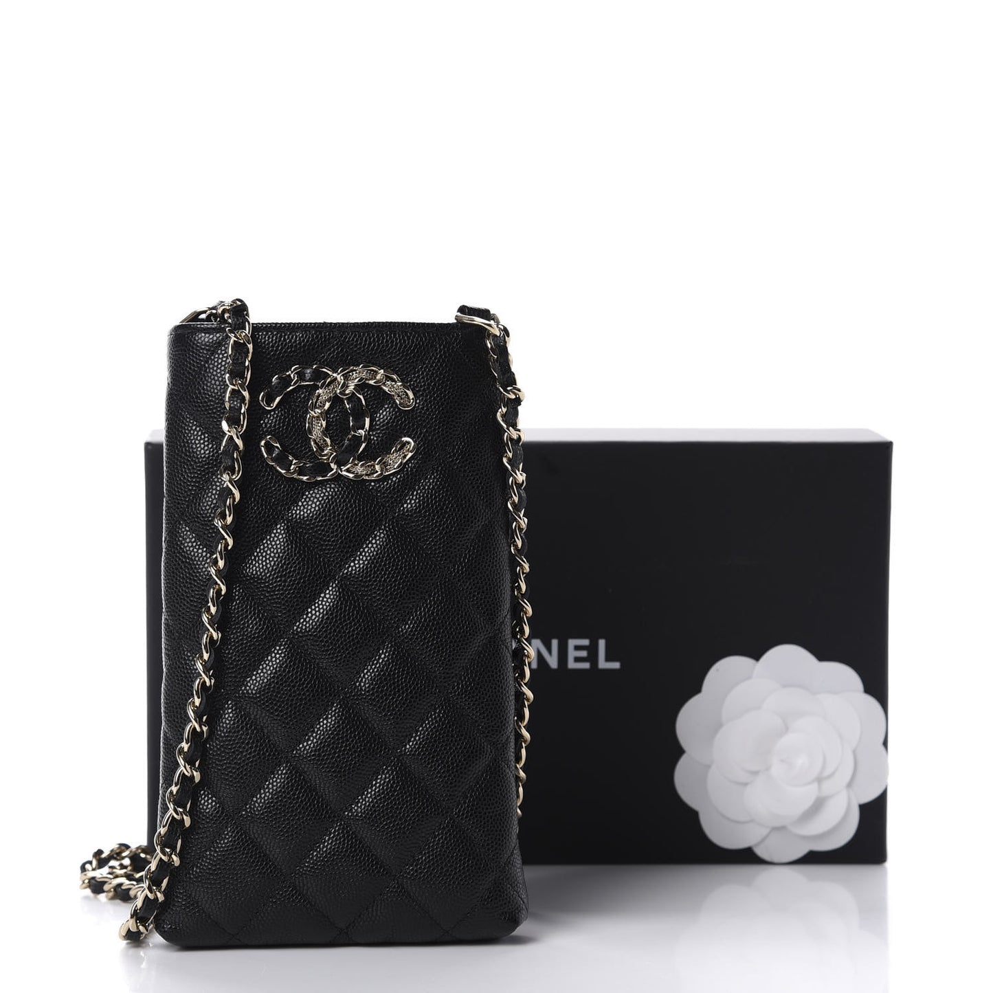 Caviar Quilted French New Wave Phone Holder With Chain Black
