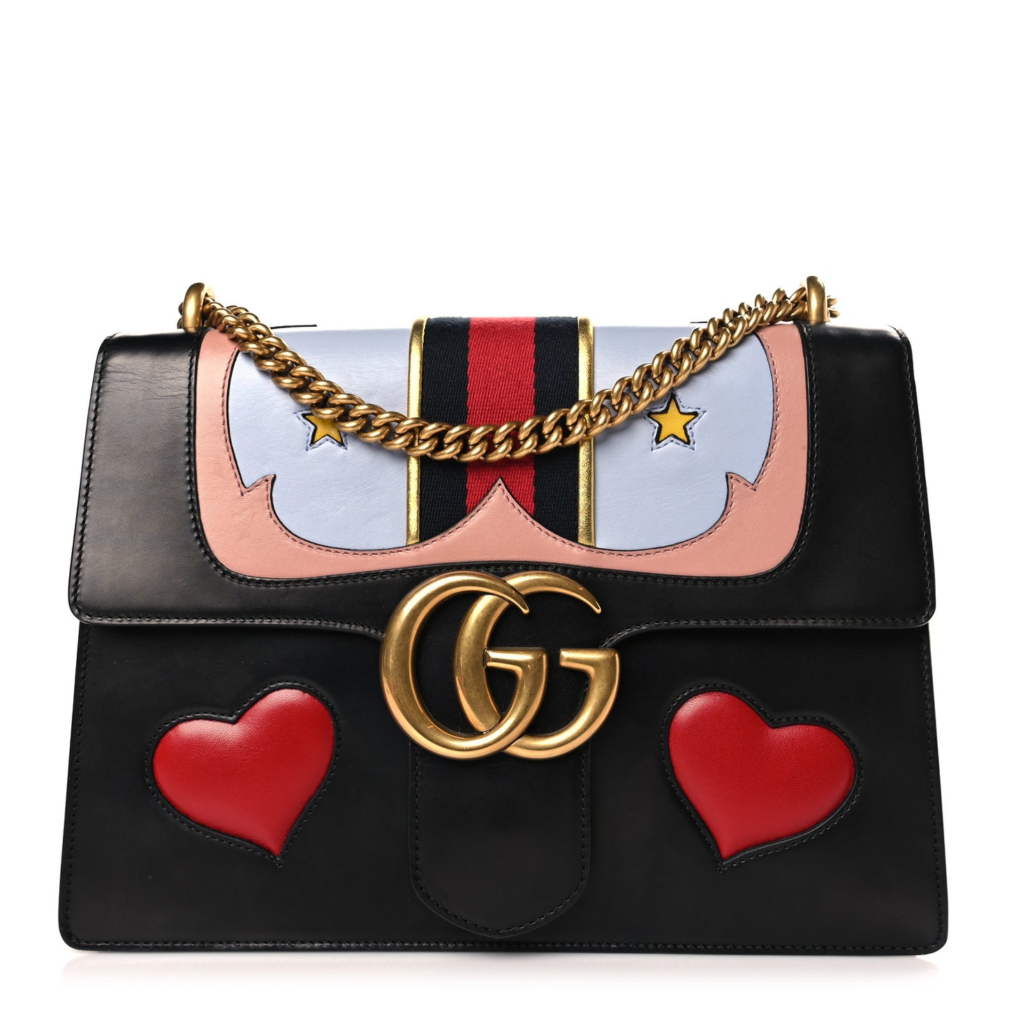 Calfskin Web Heart Medium GG Marmont Chain Handle Bag Black