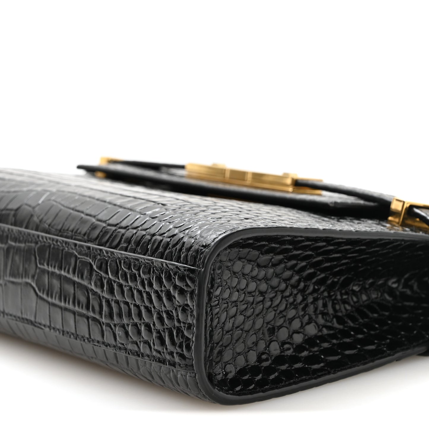 Shiny Calfskin Crocodile Embossed Small Manhattan Baguette Black