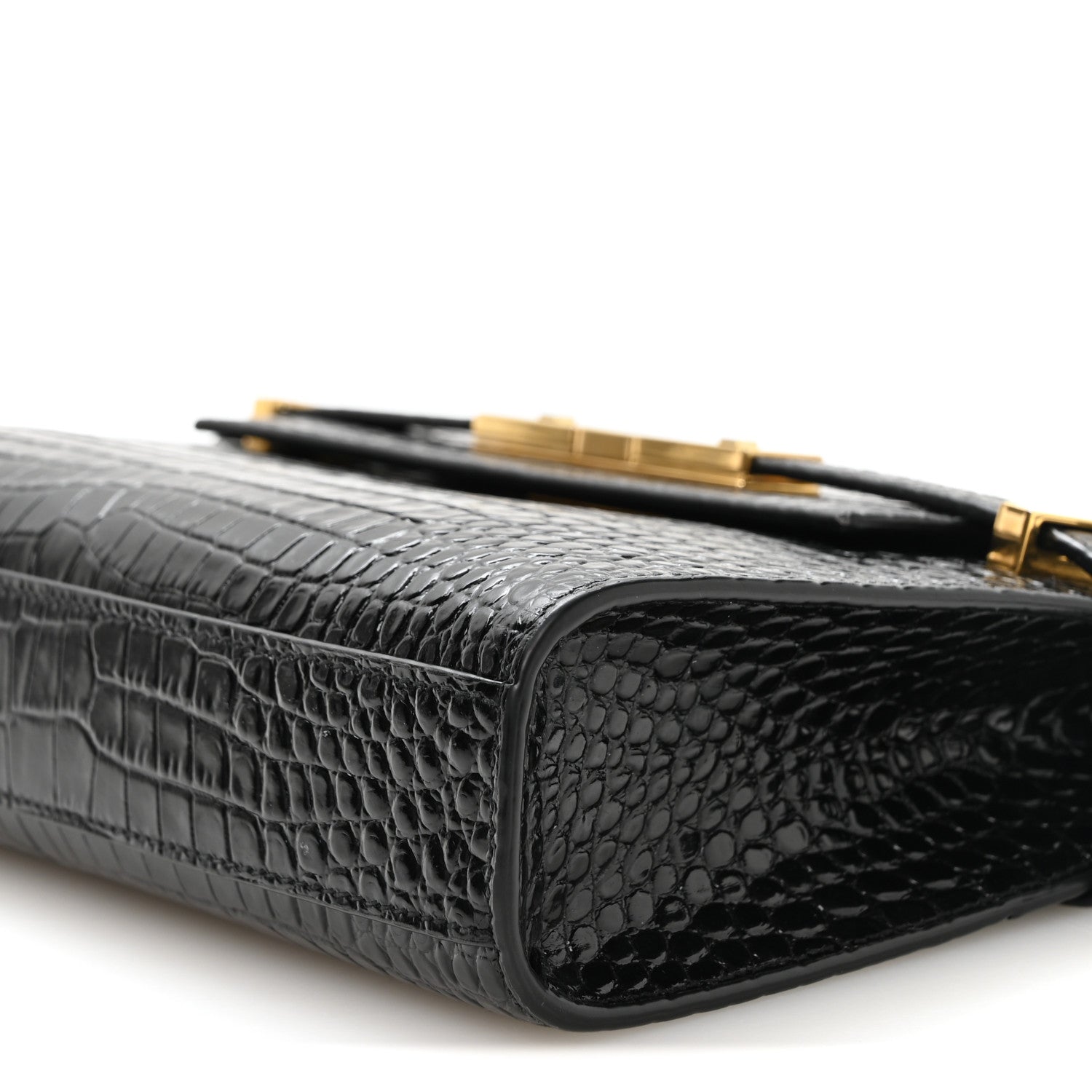 Saint Laurent Shiny Calfskin Crocodile Embossed Small Manhattan Baguette Black 10 of 10