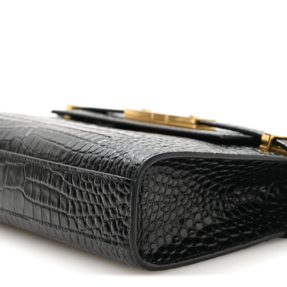 Saint Laurent Shiny Calfskin Crocodile Embossed Small Manhattan Baguette Black 10 of 10