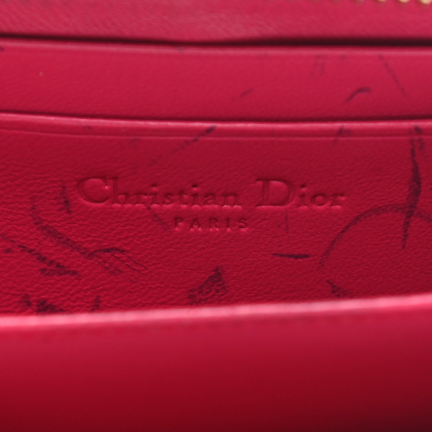 Lambskin Cannage Mini Lady Dior Zip Portemonnaie Fuchsia
