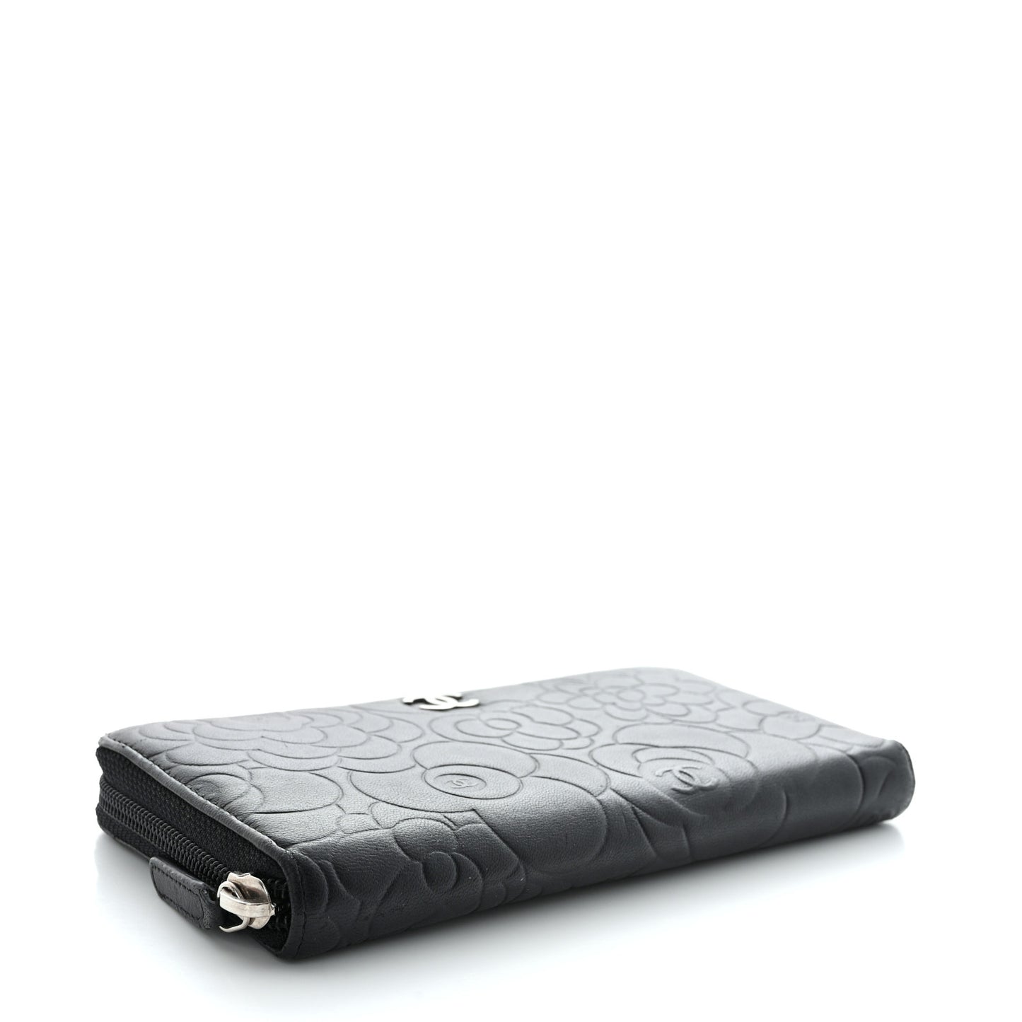 Lambskin Camellia Embossed Large Zip Around Gusset Wallet Black