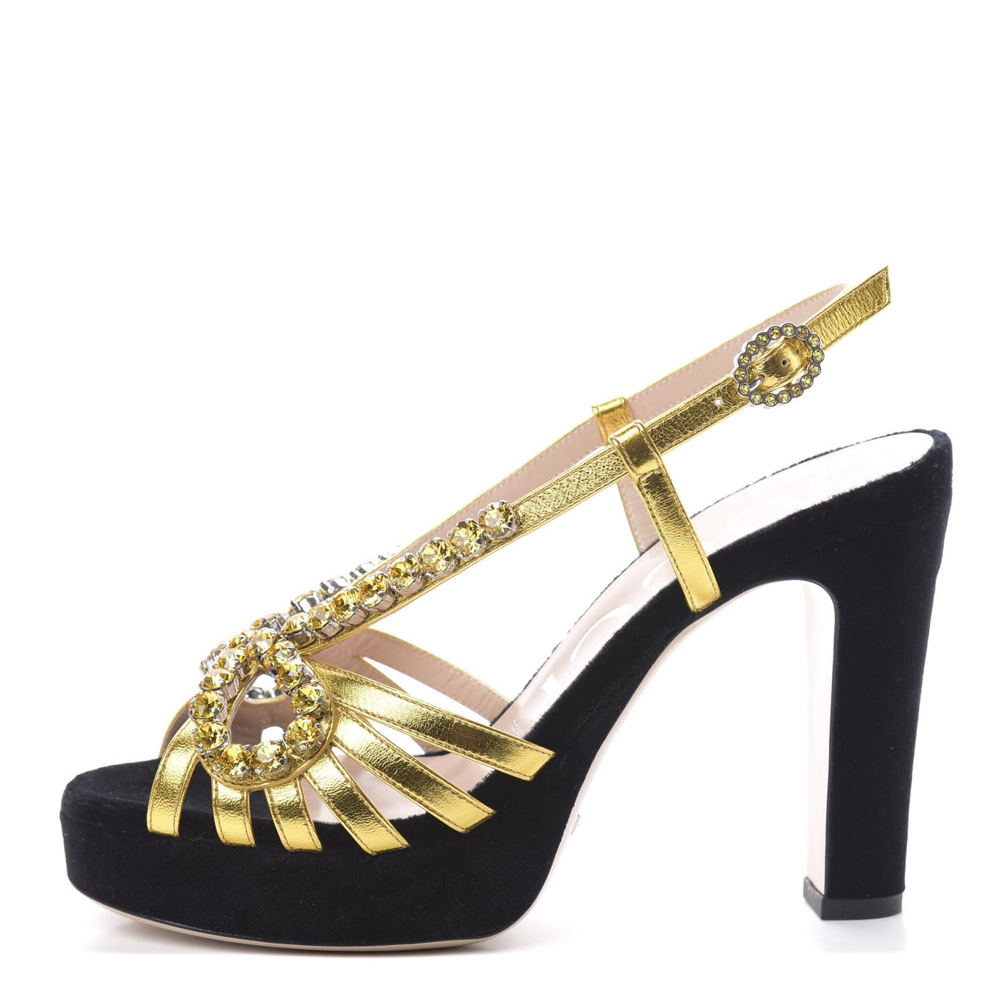 Velvet Nappa Crystal Zephyra Slingback Platform High Heel Sandals 36 Black Gold