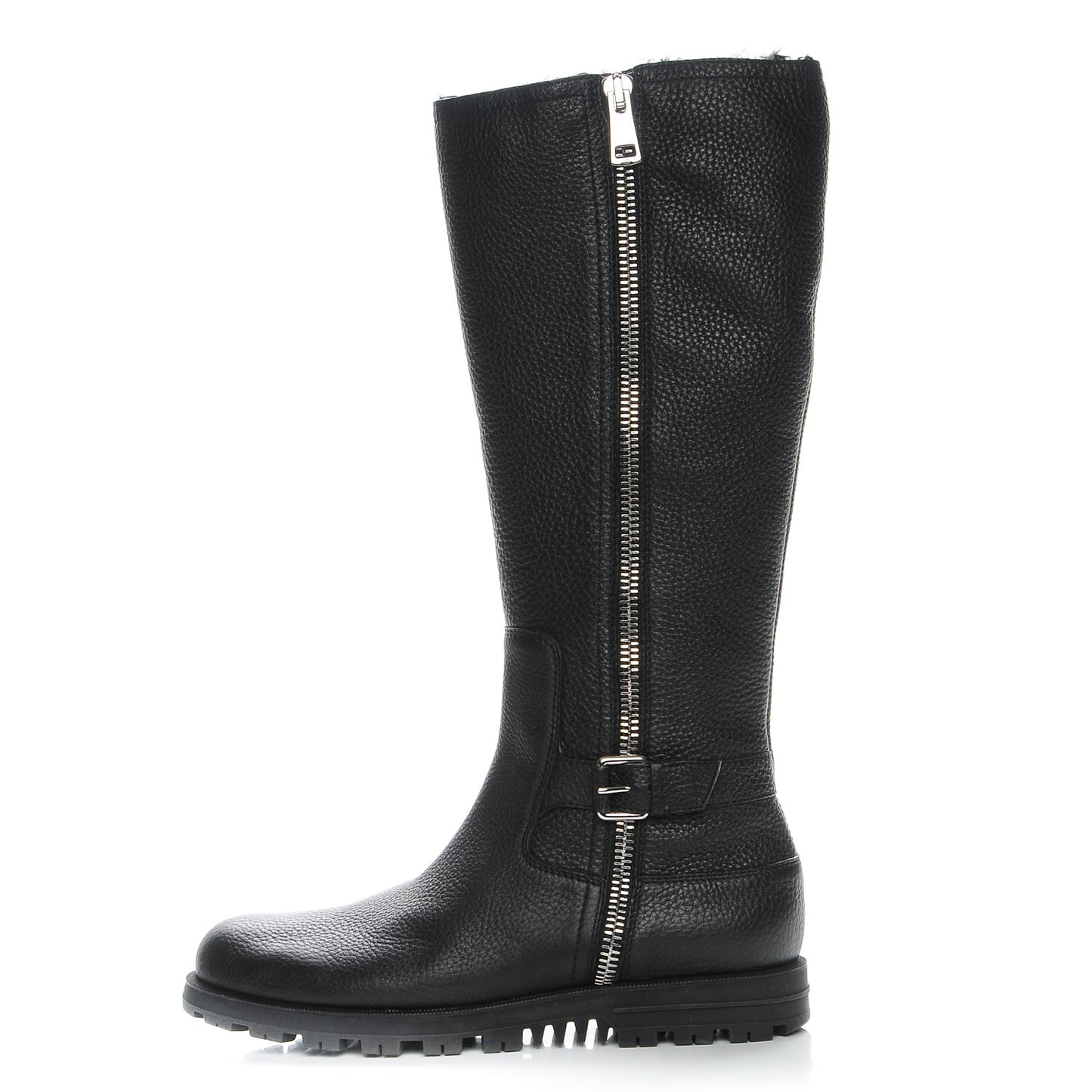 Calfskin Rabbit Fur Knee High Boots Black 39