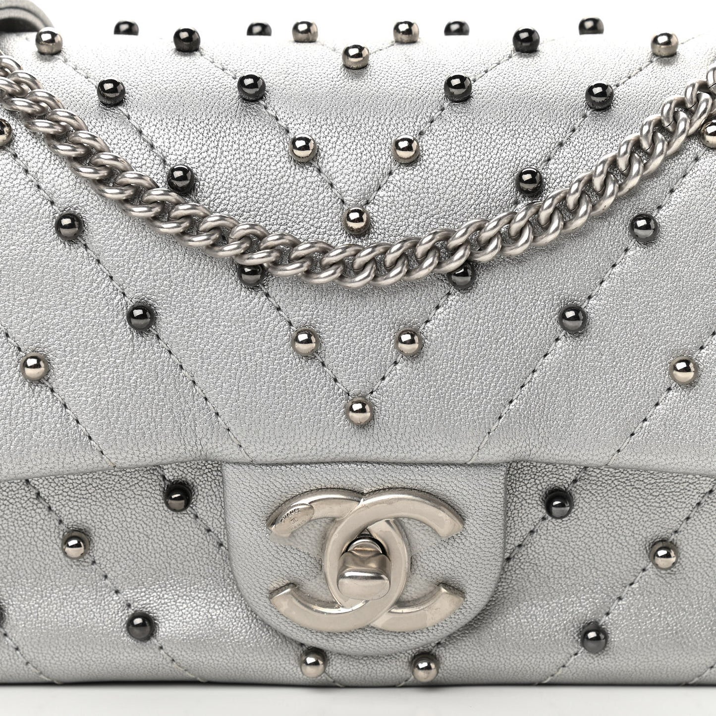 Metallic Lambskin Chevron Quilted Studded Mini Rectangular Flap Silver