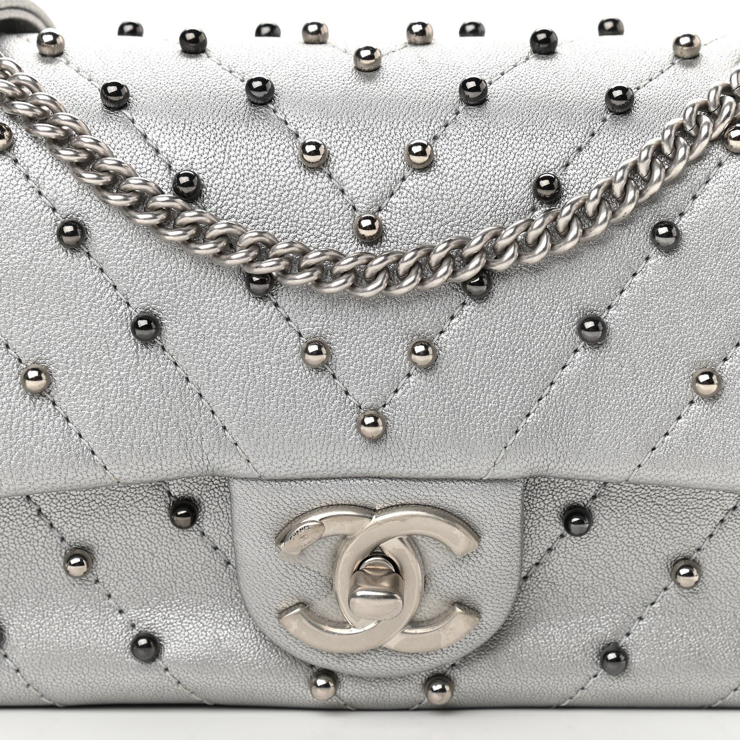 Chanel Metallic Lambskin Chevron Quilted Studded Mini Rectangular Flap Silver 8 of 11
