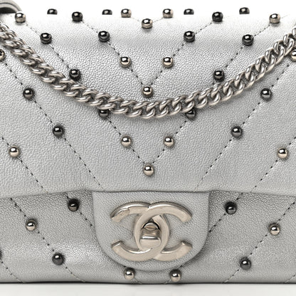 Chanel Metallic Lambskin Chevron Quilted Studded Mini Rectangular Flap Silver 8 of 11