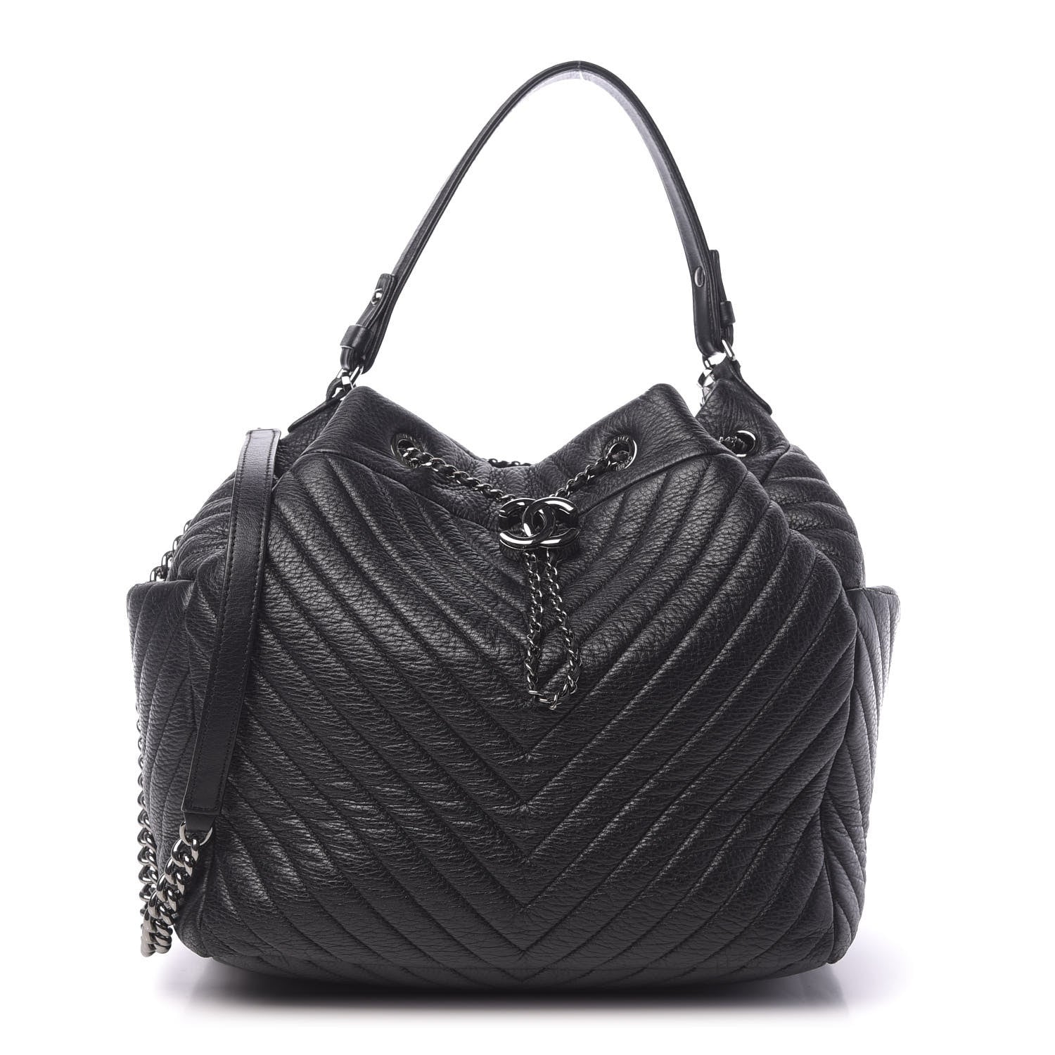 Chanel Deerskin Chevron Large CC Chain Bucket Drawstring Bag Black 1 of 11