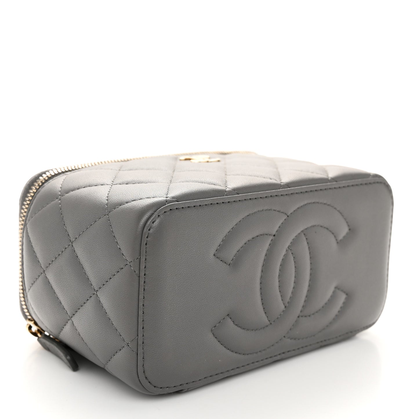 Lambskin Quilted Small Top Handle Vanity Case With Chain Dark Grey