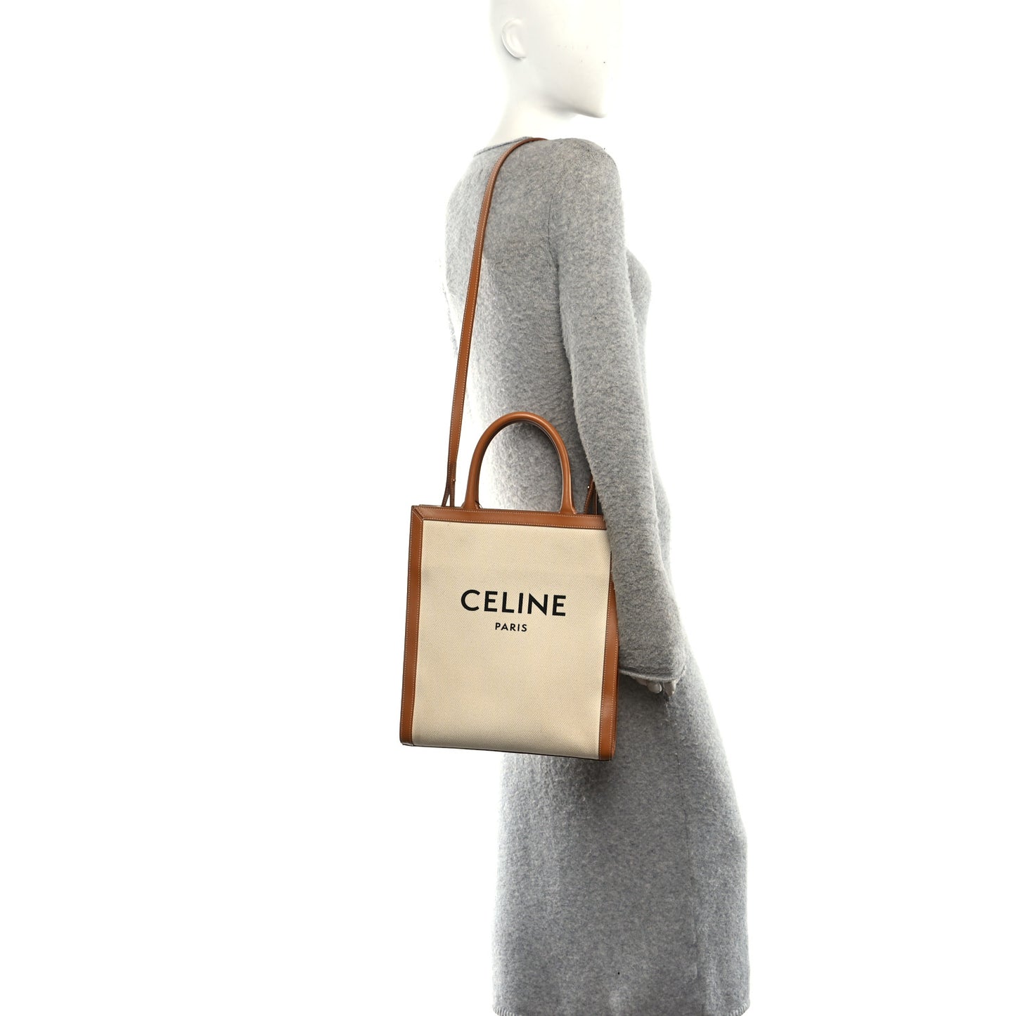 Canvas Calfskin Logo Print Small Vertical Cabas Natural Tan