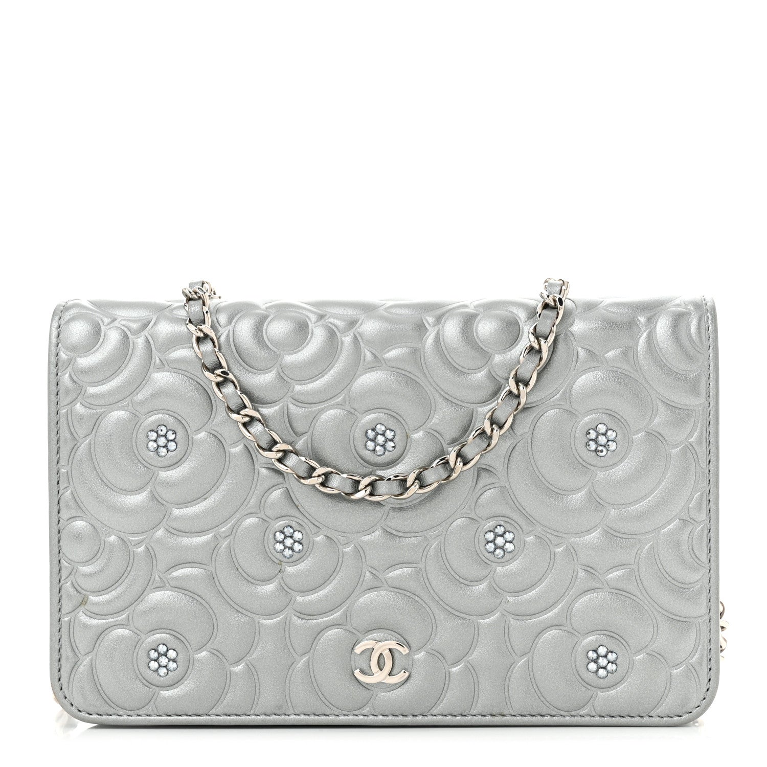 Chanel Metallic Lambskin Camellia Crystal Wallet on Chain WOC Silver 1 of 13