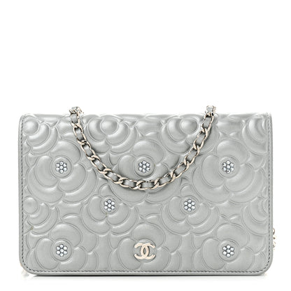 Chanel Metallic Lambskin Camellia Crystal Wallet on Chain WOC Silver 1 of 13