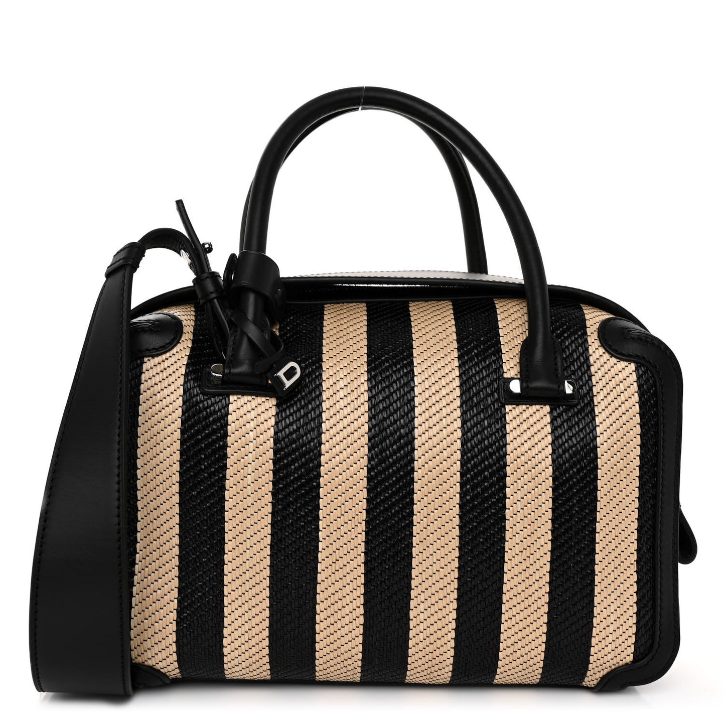 Raffia Striped Cool Box MM Satchel Black Naturel