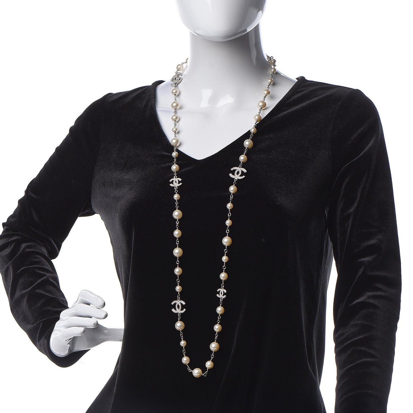 Graduated Pearl Crystal CC Long Necklace Silver