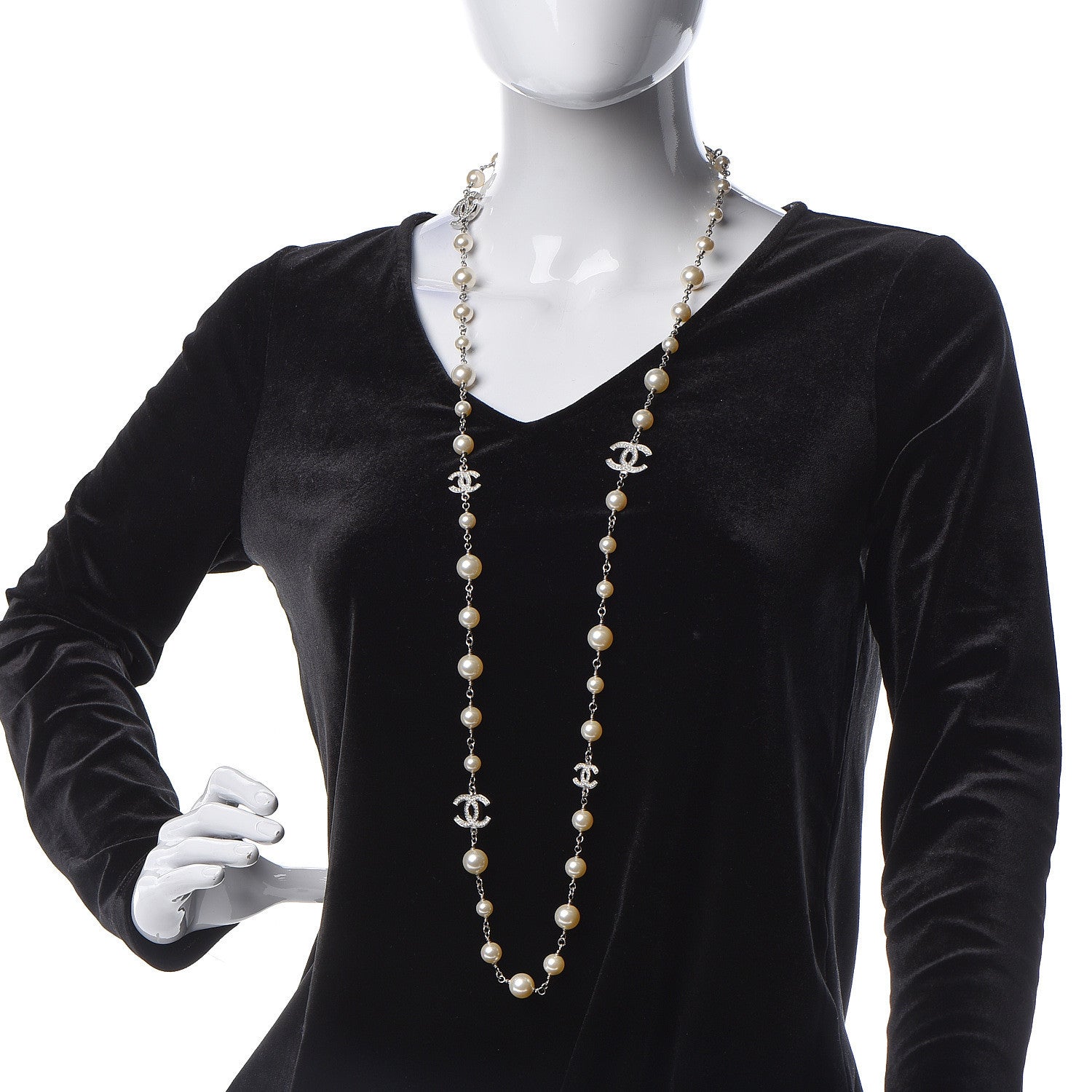 Chanel Graduated Pearl Crystal CC Long Necklace Silver 1 of 5