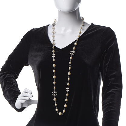 Chanel Graduated Pearl Crystal CC Long Necklace Silver 1 of 5